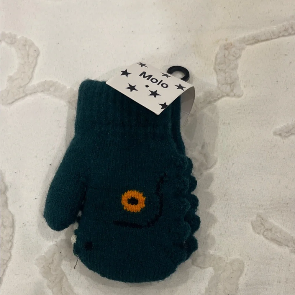 Molo Dark Teal Mittens with Dinosaur Design